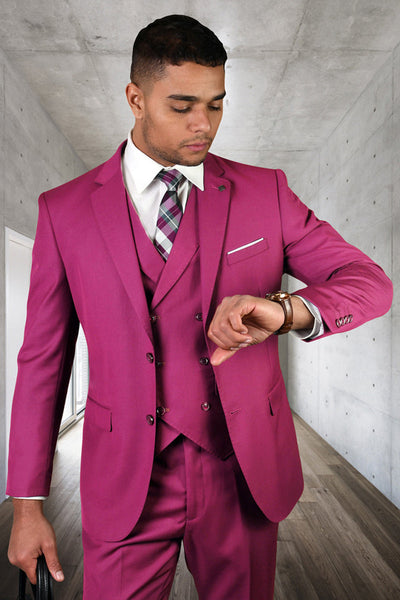 Men's Designer Modern Fit Double Breasted Vest Wool Wedding Suit in Fucshia Hot Pink