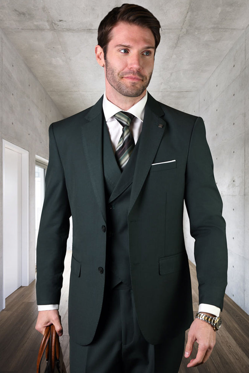 Men's Designer Modern Fit Double Breasted Vest Wool Wedding Suit in Hunter Green