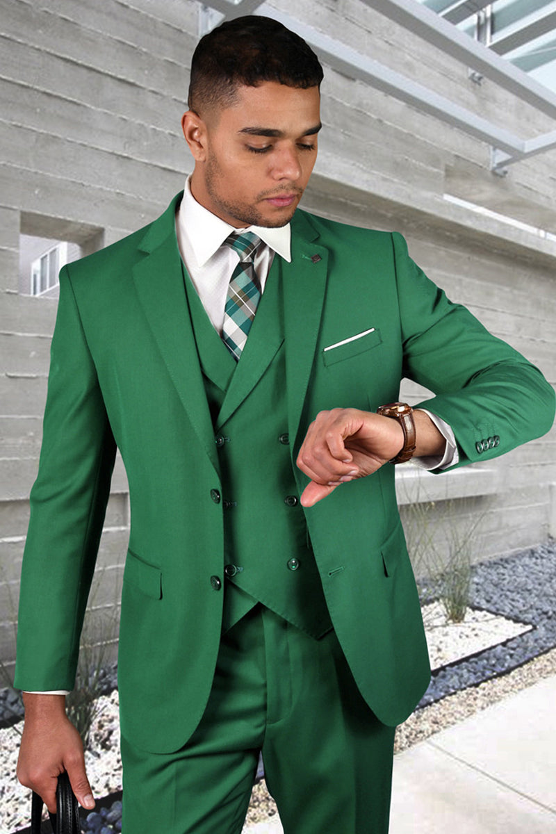 Men's Designer Modern Fit Double Breasted Vest Wool Wedding Suit in Kelly Green