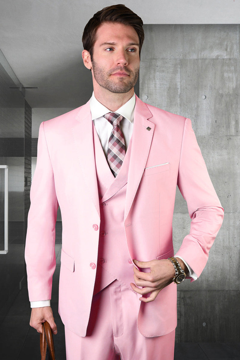 Men's Designer Modern Fit Double Breasted Vest Wool Wedding Suit in Pink