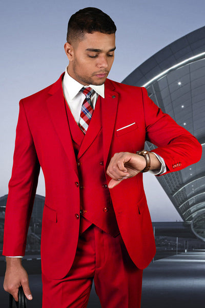 Men's Designer Modern Fit Double Breasted Vest Wool Wedding Suit in Red