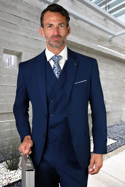 Men's Designer Modern Fit Double Breasted Vest Wool Wedding Suit in Sapphire Blue