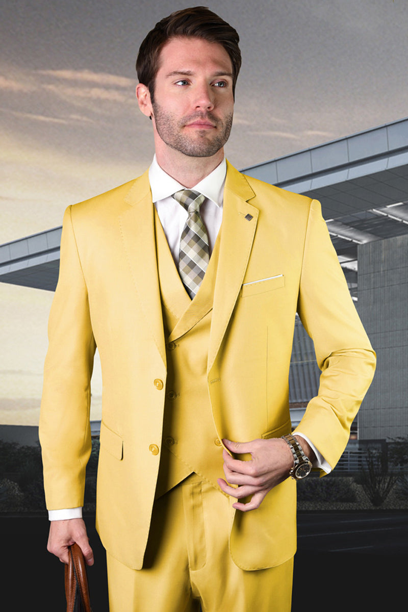 Men's Designer Modern Fit Double Breasted Vest Wool Wedding Suit in Yellow