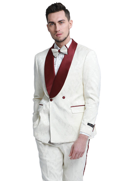 Men's Slim Fit Double Breasted Paisley Smoking Jacket Prom & Wedding Tuxedo in Ivory & Burgundy