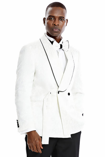 Men's Slim Fit Double Breasted Smoking Jacket Prom & Wedding Tuxedo in White Paisley