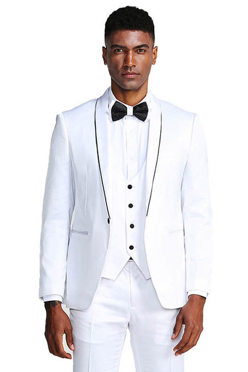 Men's Slim Fit Vested Shiny Satin Prom & Wedding Tuxedo Suit in White ...