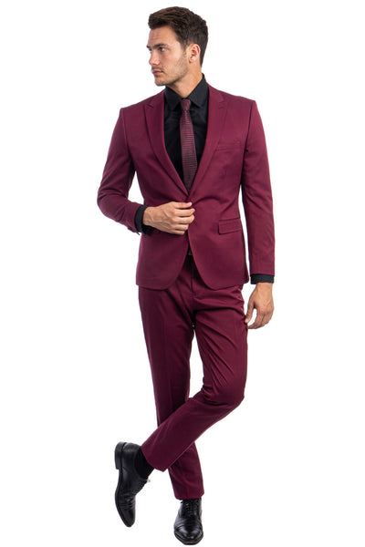 Men's One Button Peak Lapel Basic Slim Fit Suit in Burgundy