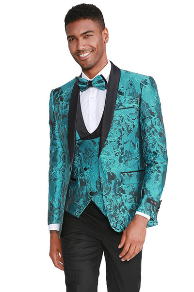 Men's Slim Fit One Button Vested Paisley Shawl Lapel Prom Tuxedo in Turquoise
