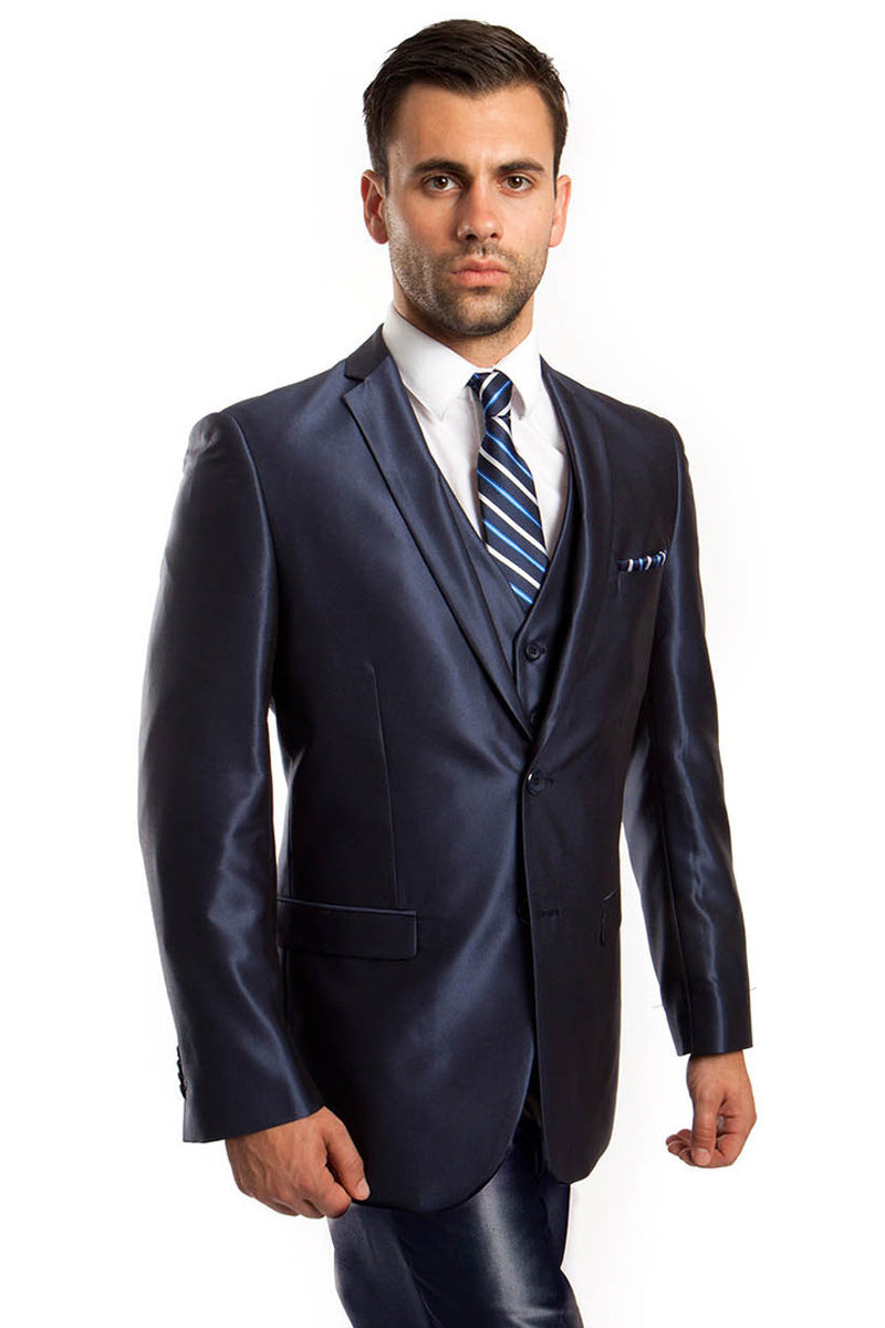 Men's Two Button Vested Shiny Sharkskin Wedding & Prom Fashion Suit in Navy Blue