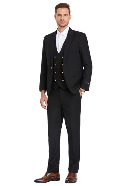 Men's One Button Peak Lapel Vested Suit with Gold Buttons in Black