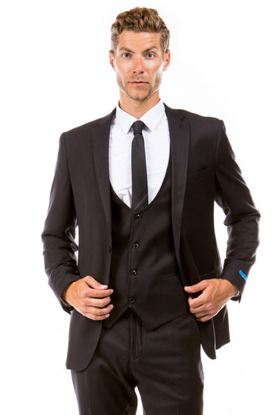 Men's Two Button Vested Hybrid Fit Micro Mini Pinstripe Business Suit in Black