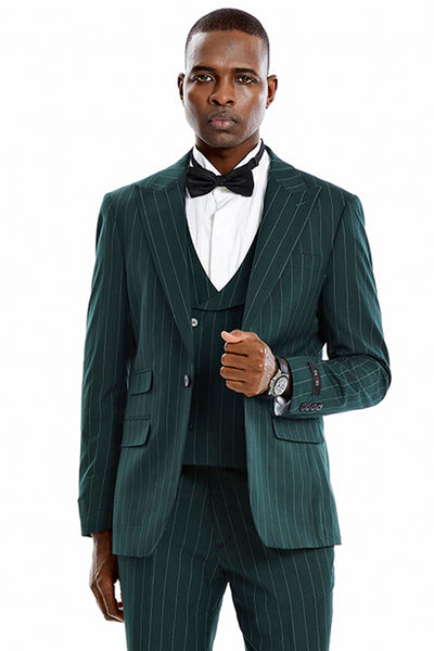 Men's One Button Vested Wide Peak Lapel Bold Gangster Pinstripe Suit in Hunter Green