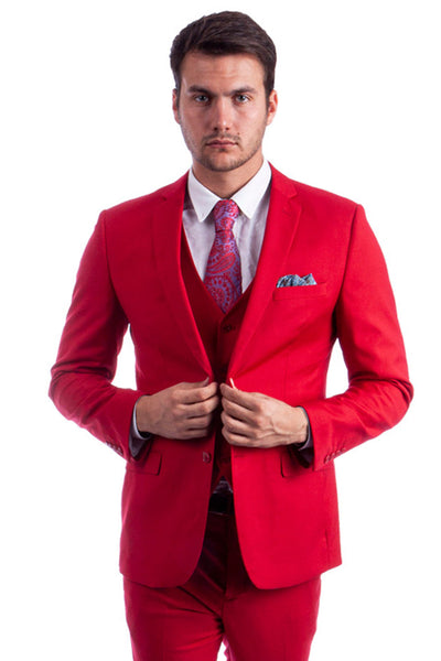 Men's Two Button Slim Fit Vested Solid Basic Color Suit in Red