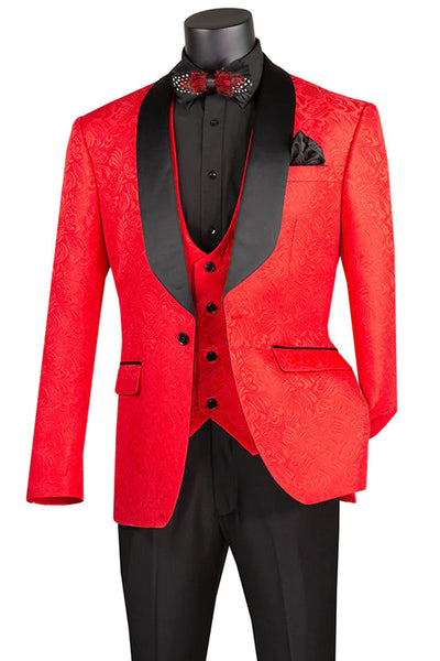 Men's Slim Fit Vested Paisley Wedding Tuxedo in Red