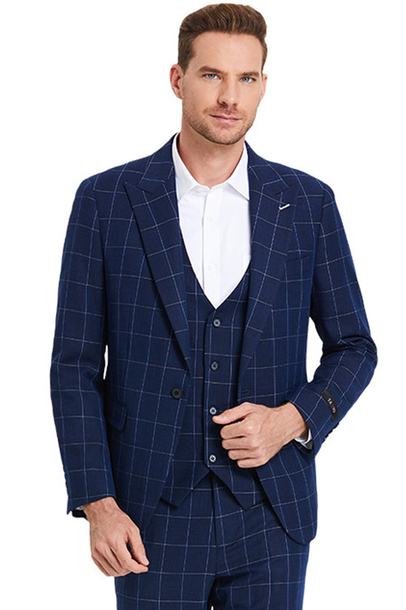 Men's One Button Peak Lapel Vested Bold Chalk Windowpane Plaid Suit in Navy Blue