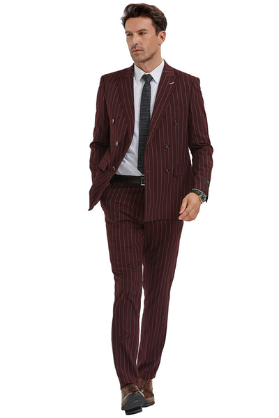 Men's Slim Fit Double Breasted Bold Gangster Pinstripe Suit in Burgundy