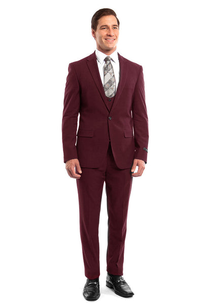 Men's One Button Peak Lapel Skinny Wedding & Prom Suit with Lowcut Vest in Burgundy