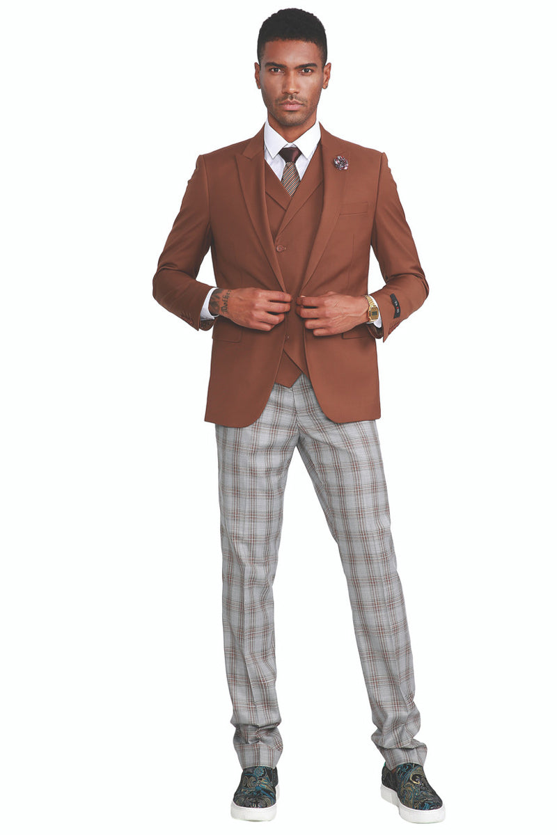 Men's One Button Vested Peak Lapel Suit in Dark Camel Cognac with Grey & Cognac Plaid Pants