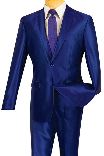 Men's Slim Fit Shiny Sharkskin Suit in Royal Blue