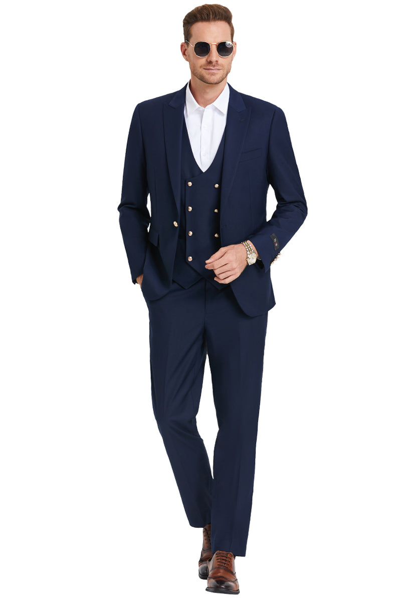 Men's One Button Peak Lapel Vested Suit with Gold Buttons in Navy Blue 48 Regular / Navy