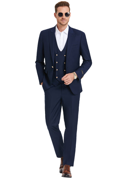 Men's One Button Peak Lapel Vested Suit with Gold Buttons in Navy Blue