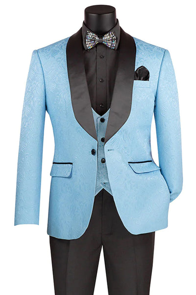Men's Slim Fit Vested Paisley Wedding Tuxedo in Light Blue