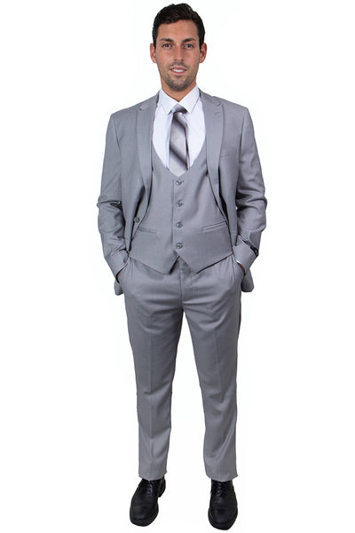 Men's One Button Peak Lapel Skinny Wedding & Prom Suit with Lowcut Vest in Light Grey