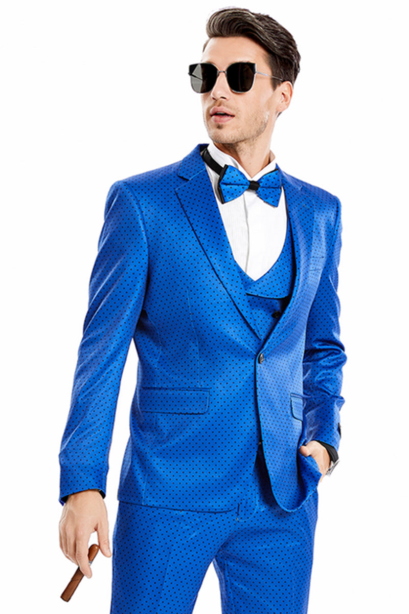 Men's One Button Vested Mini Polka Dot Prom Suit in Royal Blue & Black