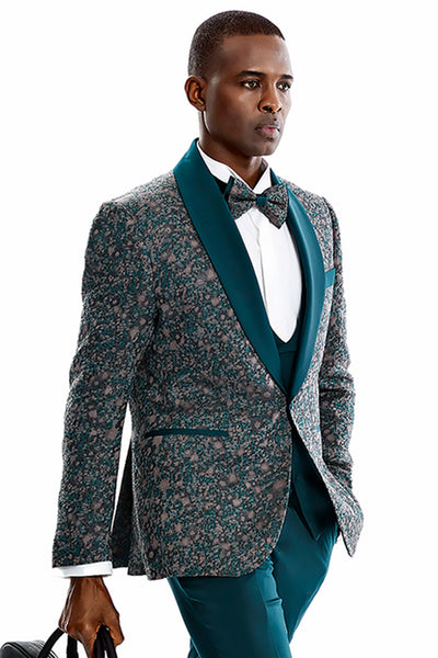 Men's One Button Vested Shawl Lapel Vintage Splatter Print Prom Tuxedo in Green