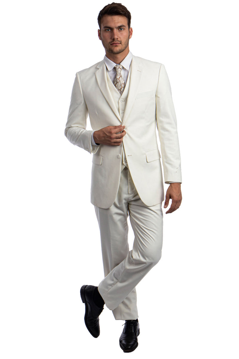 Men's Vested Two Button Solid Color Wedding & Business Suit in Ivory