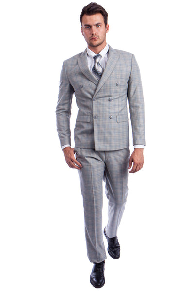 Men's Slim Fit Double Breasted Glen Plaid Suit in Light Grey