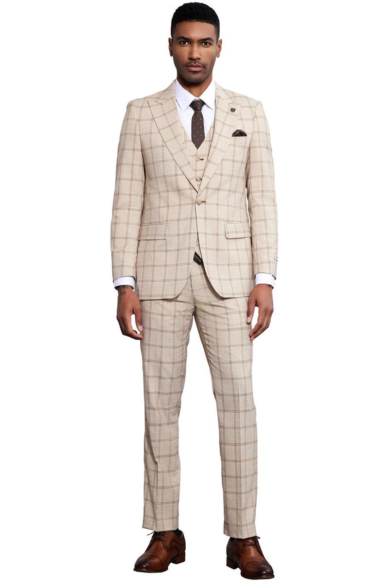Men's Stacy Adams One Button Peak Lapel Vested Windowpane Plaid