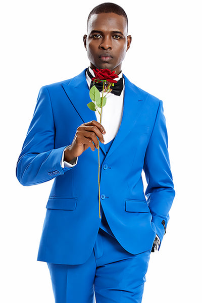 Men's Two Button Vested Peak Lapel Pastel Wedding & Prom Suit in Royal Blue