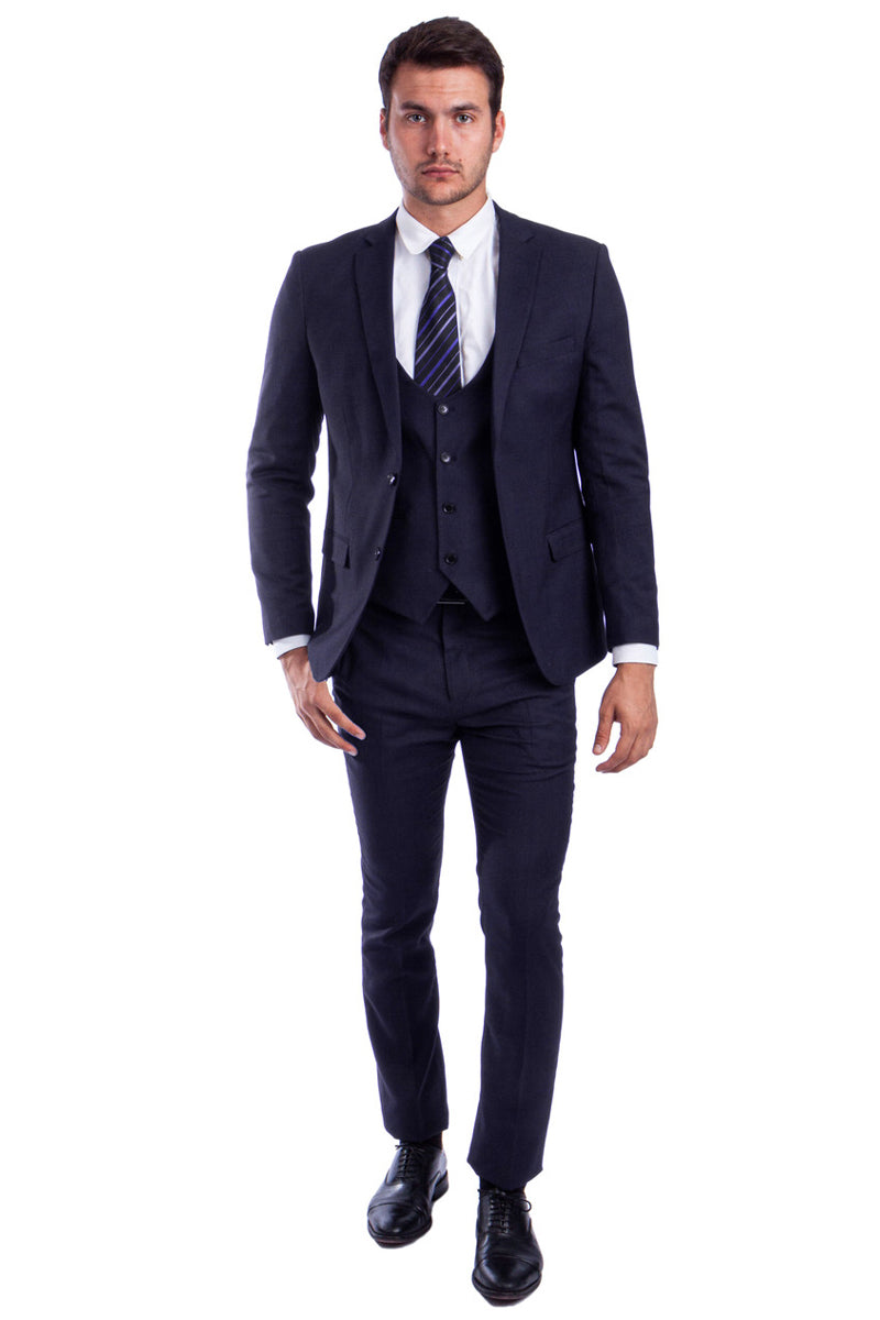 Men's Two Button Skinny Fit Vested Suit in Navy Blue