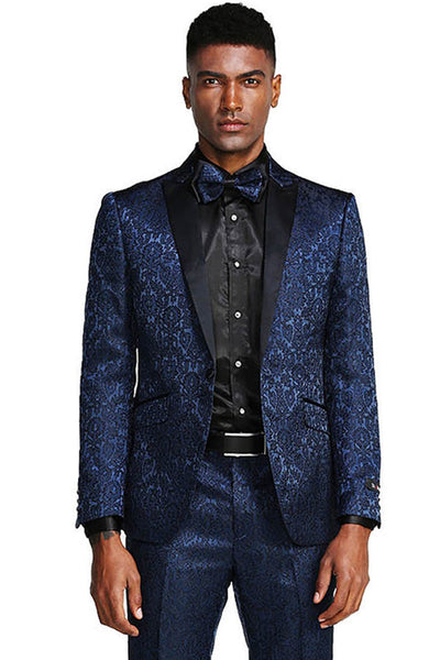 Men's One Button Slim Fit Paisley Wedding & Prom Tuxedo in Navy Blue