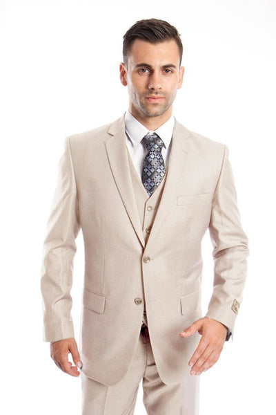 Men's Vested Two Button Solid Color Wedding & Business Suit in Tan