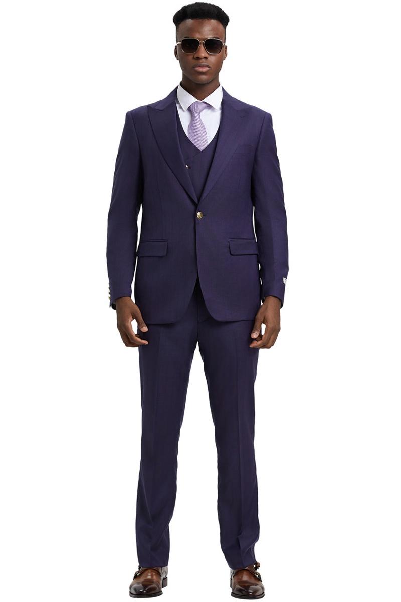 Stacy Adams Men's 3 Piece Windowpane Hybrid Suit - Double Breasted Vest - Purple - 48L