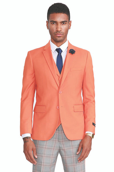 Men's Two Button Vested Summer Suit in Orange with Grey & Orange Plaid Pants