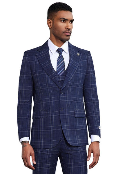Men's Stacy Adams Vested Two Button Double Windowpane Plaid Suit in Navy