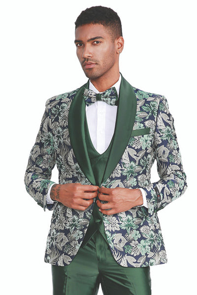 Men's Slim Fit One Button Vested Paisley Shawl Lapel Prom Tuxedo in Hunter Green
