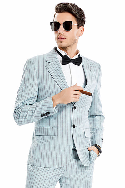 Men's Two Button Vested Wide Notch Lapel Vintage Style Pinstripe Suit in Mint Grey