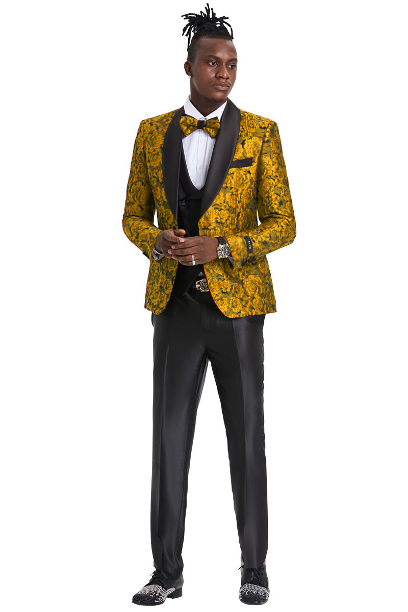 Men's One Button Slim Fit Shiny Paisley Floral Vested Prom Tuxedo in Gold