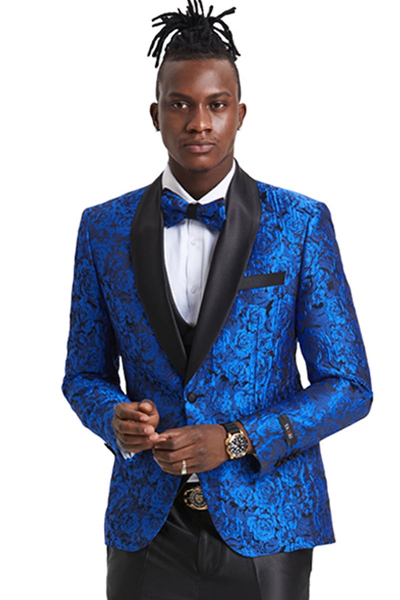 Men's One Button Slim Fit Shiny Paisley Floral Vested Prom Tuxedo in Royal Blue, 40 Regular / Royal Blue/Black
