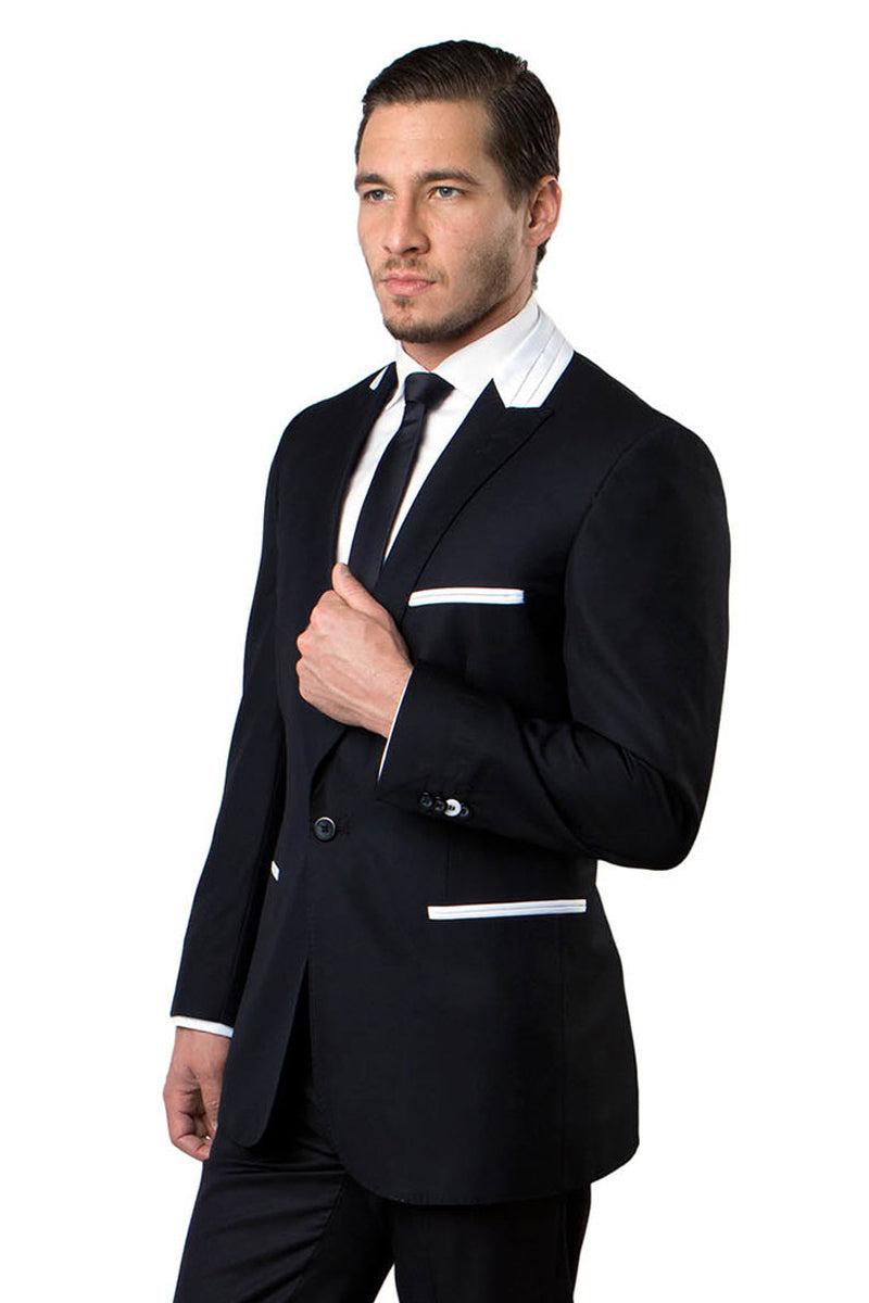 Men's One Button Peak Lapel Fashion Suit in Black with White Satin Collar & Trim