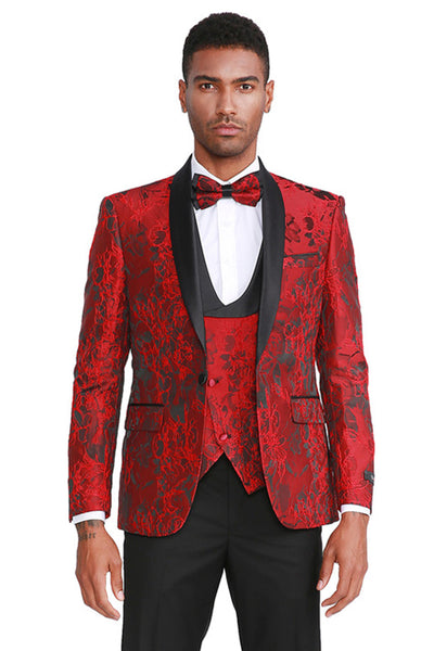 Men's Slim Fit One Button Vested Paisley Shawl Lapel Prom Tuxedo in Red