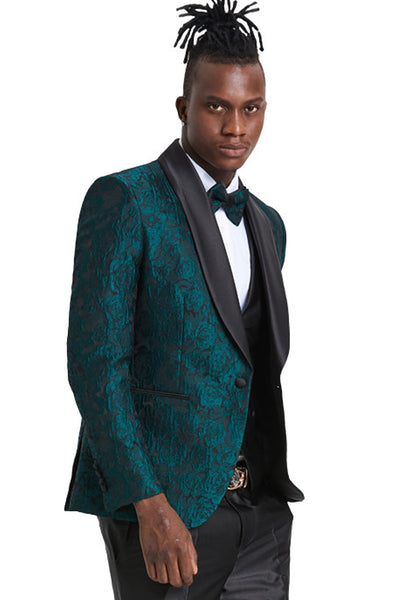 Men's One Button Slim Fit Shiny Paisley Floral Vested Prom Tuxedo in Hunter Green