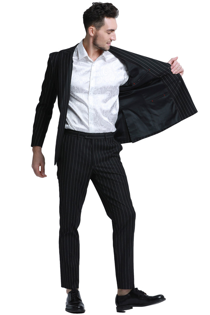 Men's Slim Fit Double Breasted Bold Gangster Pinstripe Suit in Black