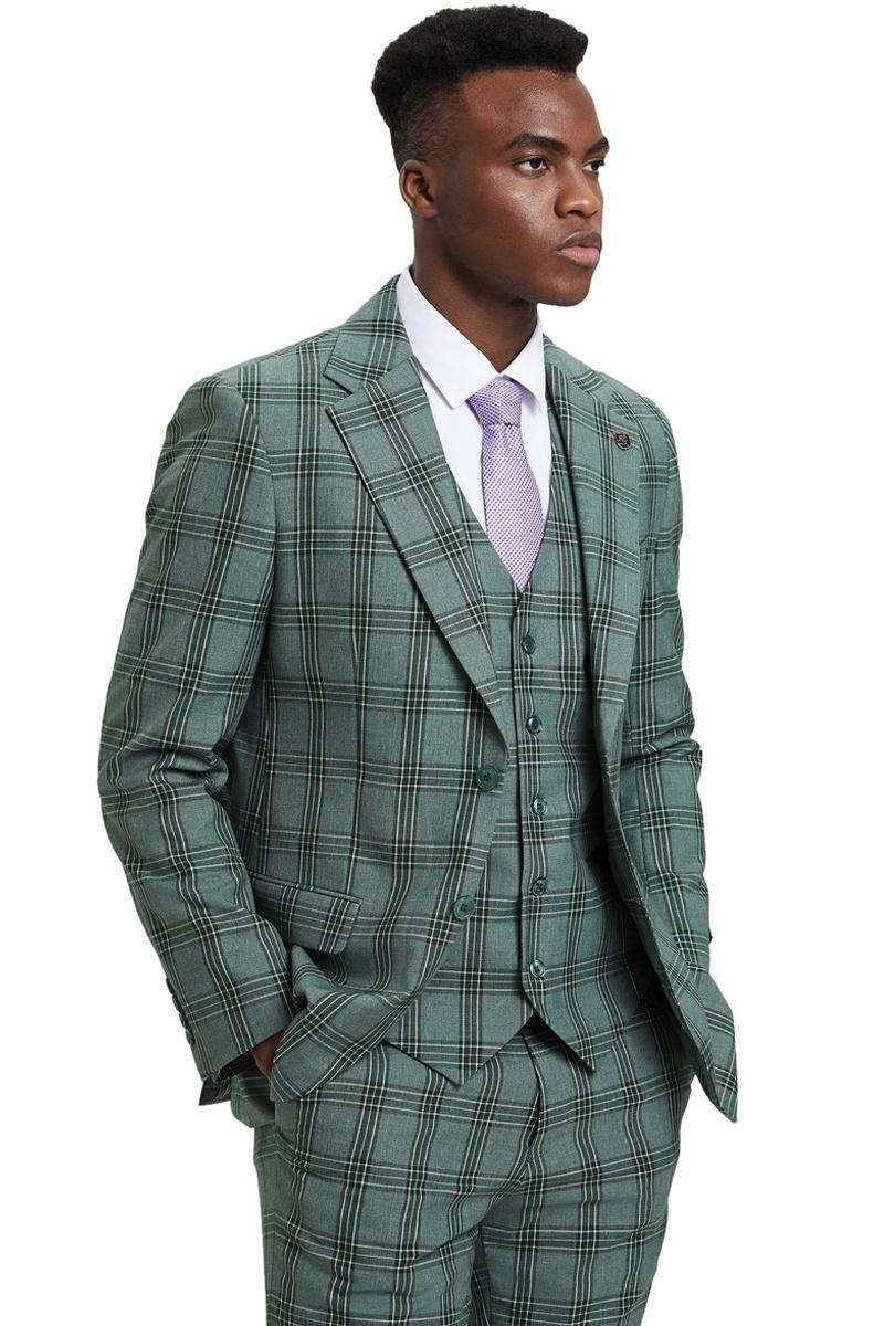 Men's Stacy Adams Two Button Vested Glen Plaid Check Suit in Light Olive Green