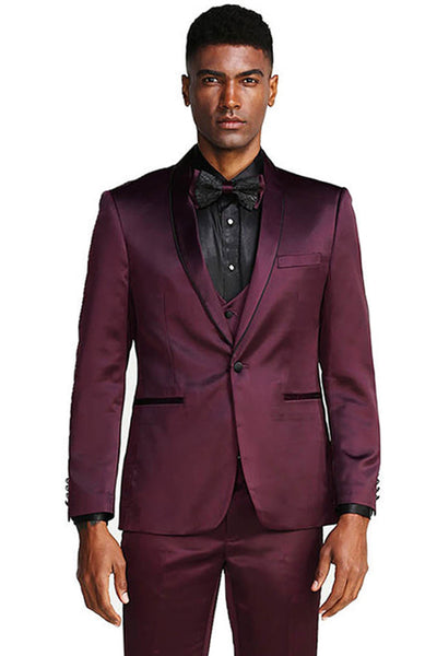 Men's Slim Fit Vested Shiny Satin Prom & Wedding Tuxedo Suit in Burgundy