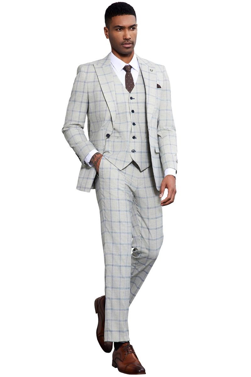 Men's Stacy Adams One Button Peak Lapel Vested Windowpane Plaid Suit in Grey & Blue